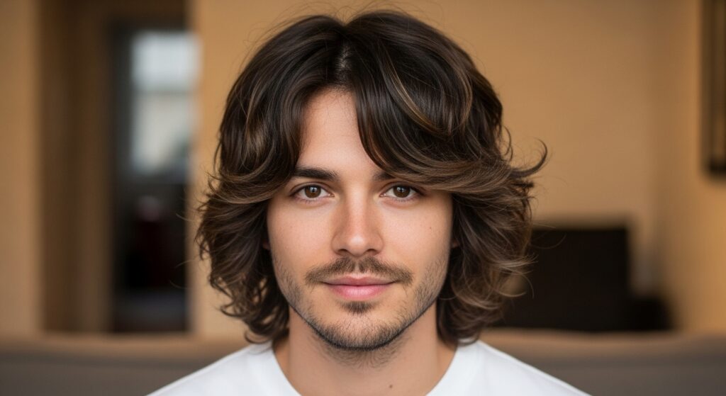 Image idea: Man with shoulder-length curls in wolf cut wavy hair look, wearing a plain white tee.
Alt tag: Wolf cut with curly shoulder-length hair for men.