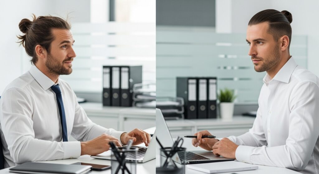comparison of professional bun and unprofessional bun for workplace