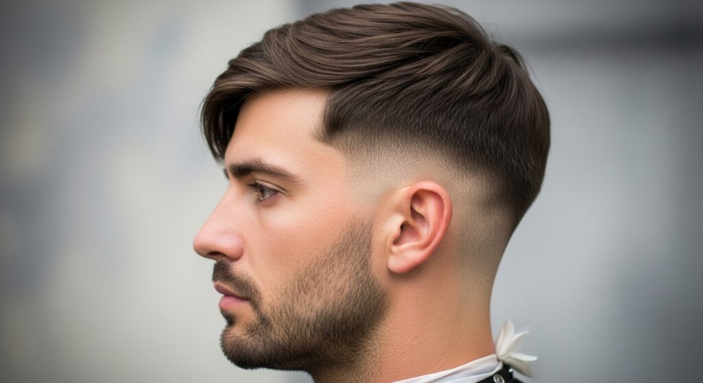 Image idea: Side profile of a man with medium side swept hair, top combed across, sides faded.
Alt tag: Medium side swept undercut hairstyle side profile.