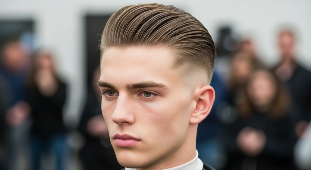 Slick back hairstyle with medium fade haircut.