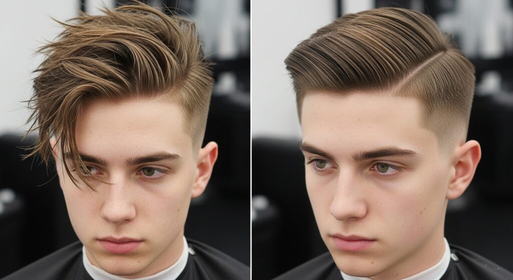 Image idea: Split photo of messy vs neat side part undercut.

Alt tag: Comparison of messy side swept undercut and clean side part undercut.