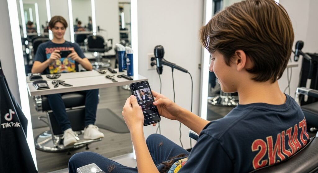 Teen looking at haircut inspiration on TikTok in 2025.