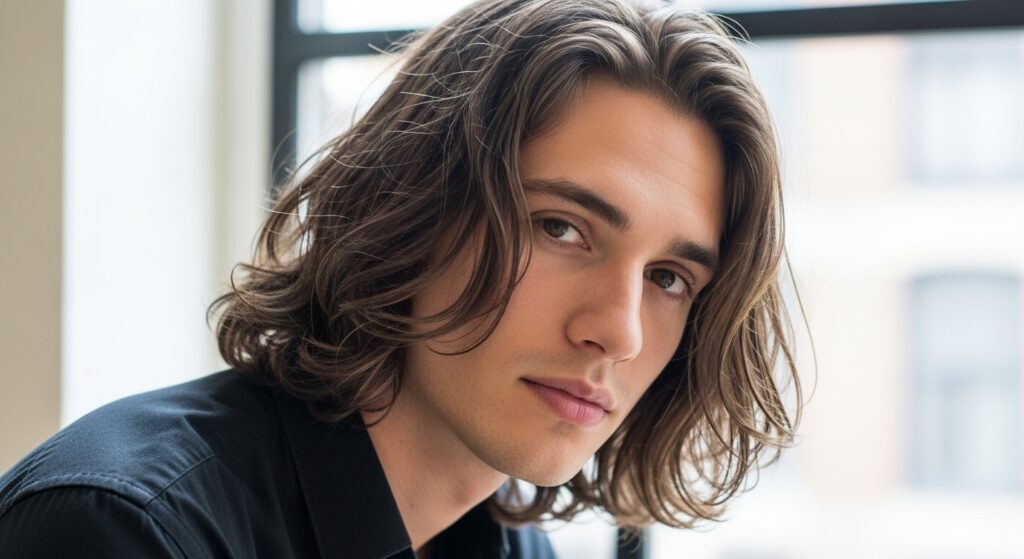 Loose wave perm haircut on medium-length men’s hair