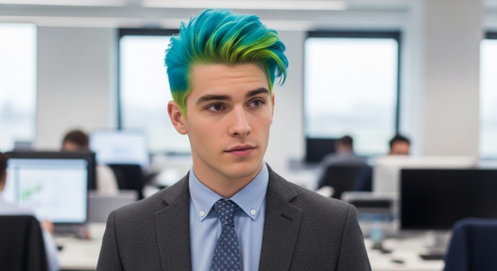 bold hair color clashing with the workplace environment