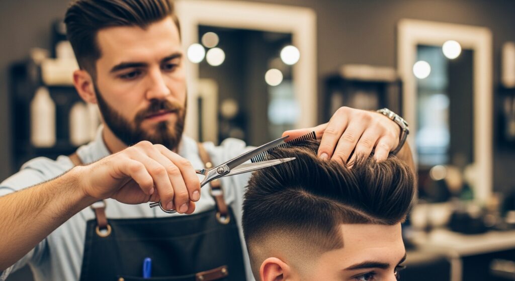 (Image idea: a barber styling a textured crop with scissors.
Alt tag: a barber refining a textured crop with scissors)