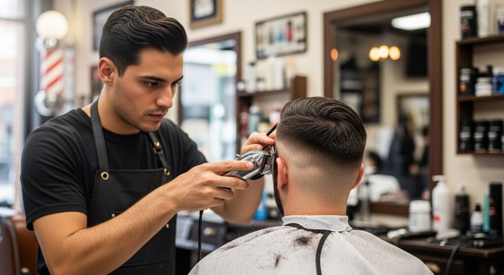 (Image idea: barber using clippers to blend a fade.
Alt tag: barber using clippers to blend fade into haircut)