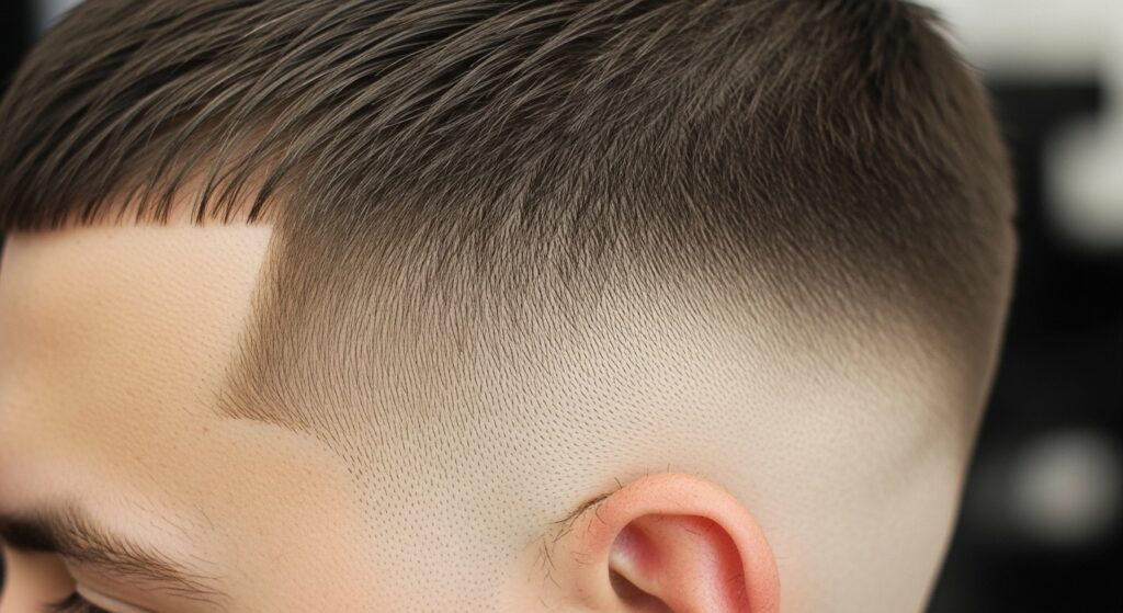 (Image idea: close up of fade blending around the ear. Alt tag: close-up of skin fade haircut around ear)