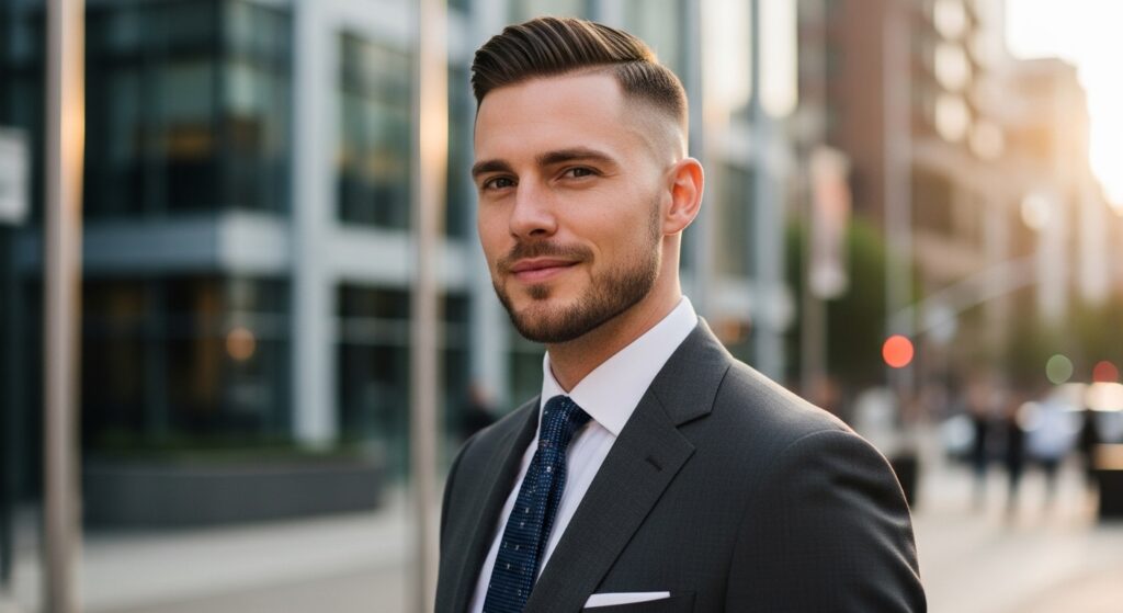 (Image idea: man in suit with a low fade haircut, clean shaved jawline. Alt tag: professional man with low fade haircut)