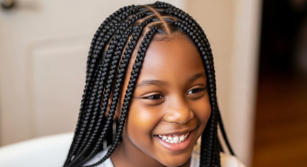 "girl with tidy box braids newly styled")
