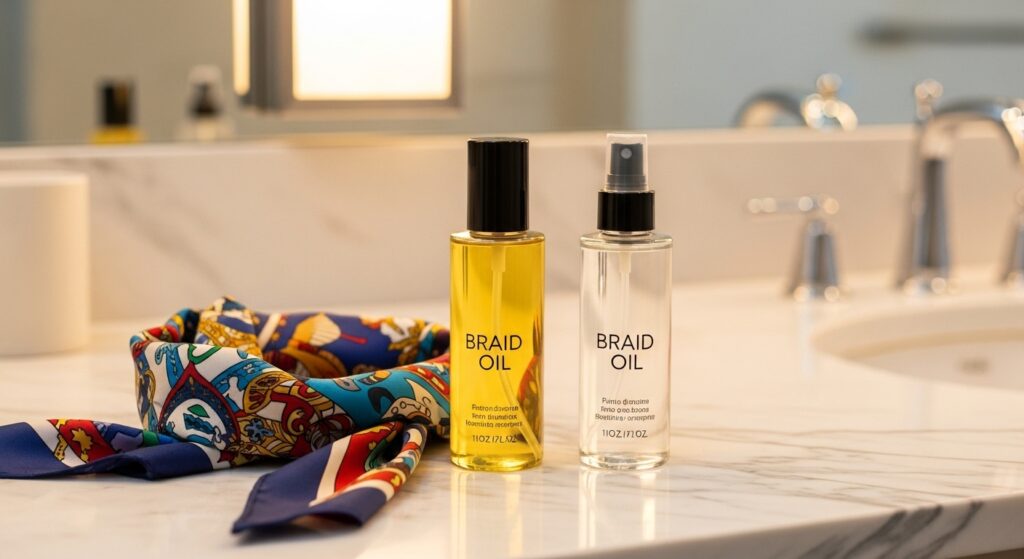 "braid care products lined on a shelf")