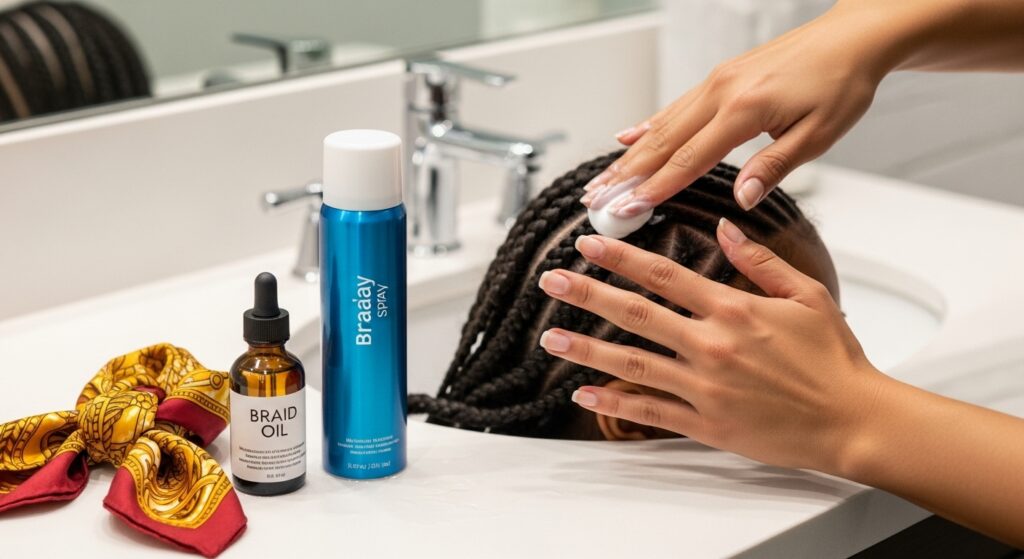 applying mousse to braids to control frizz”)
